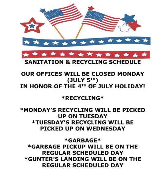Modified Sanitation & Recycling Schedule for July 4th