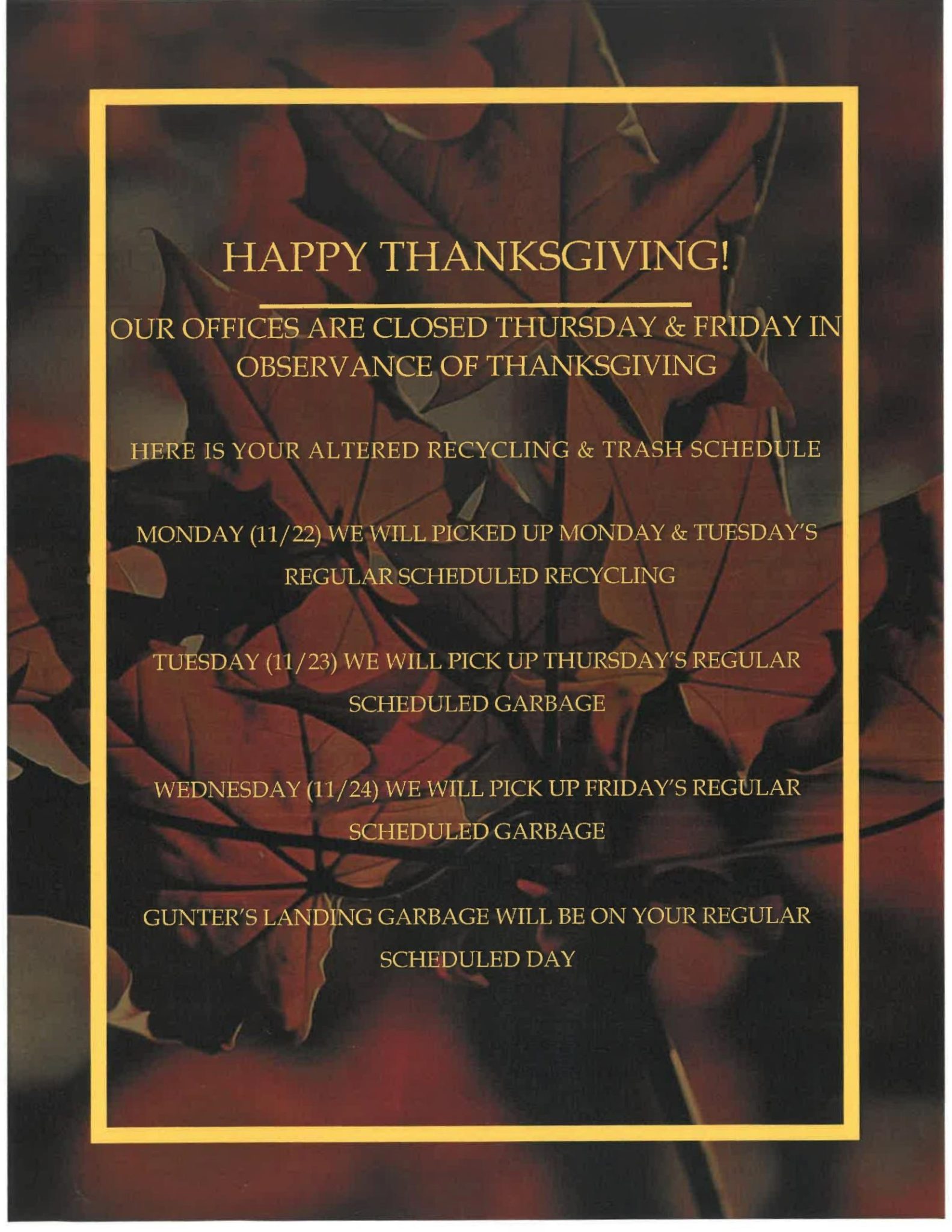 Thanksgiving Modified Garbage & Recycling Schedule