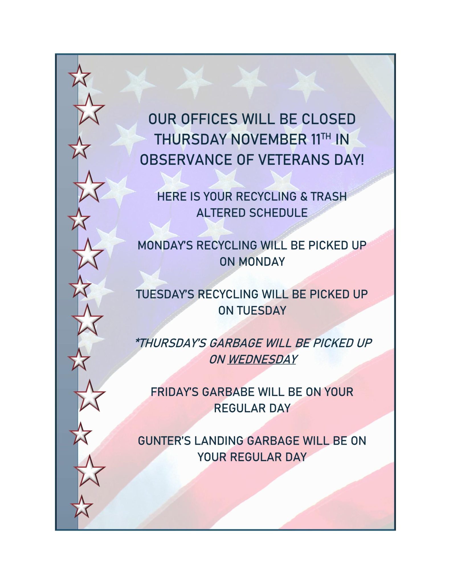 Veterans Day Garbage and Recycling Schedule